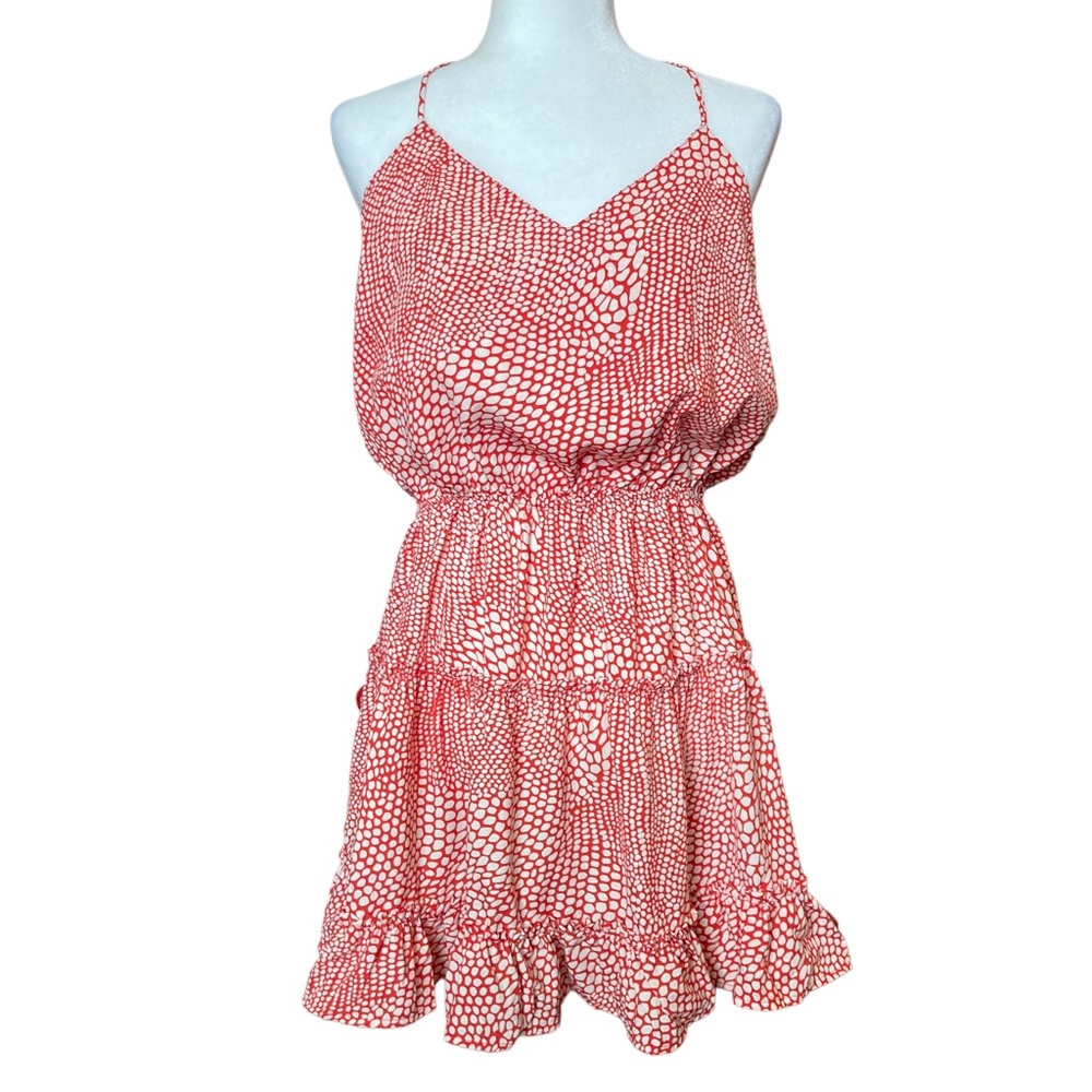 fab'rik Women's coral red print spaghetti strap tiered ruffle mini dress , Sz L